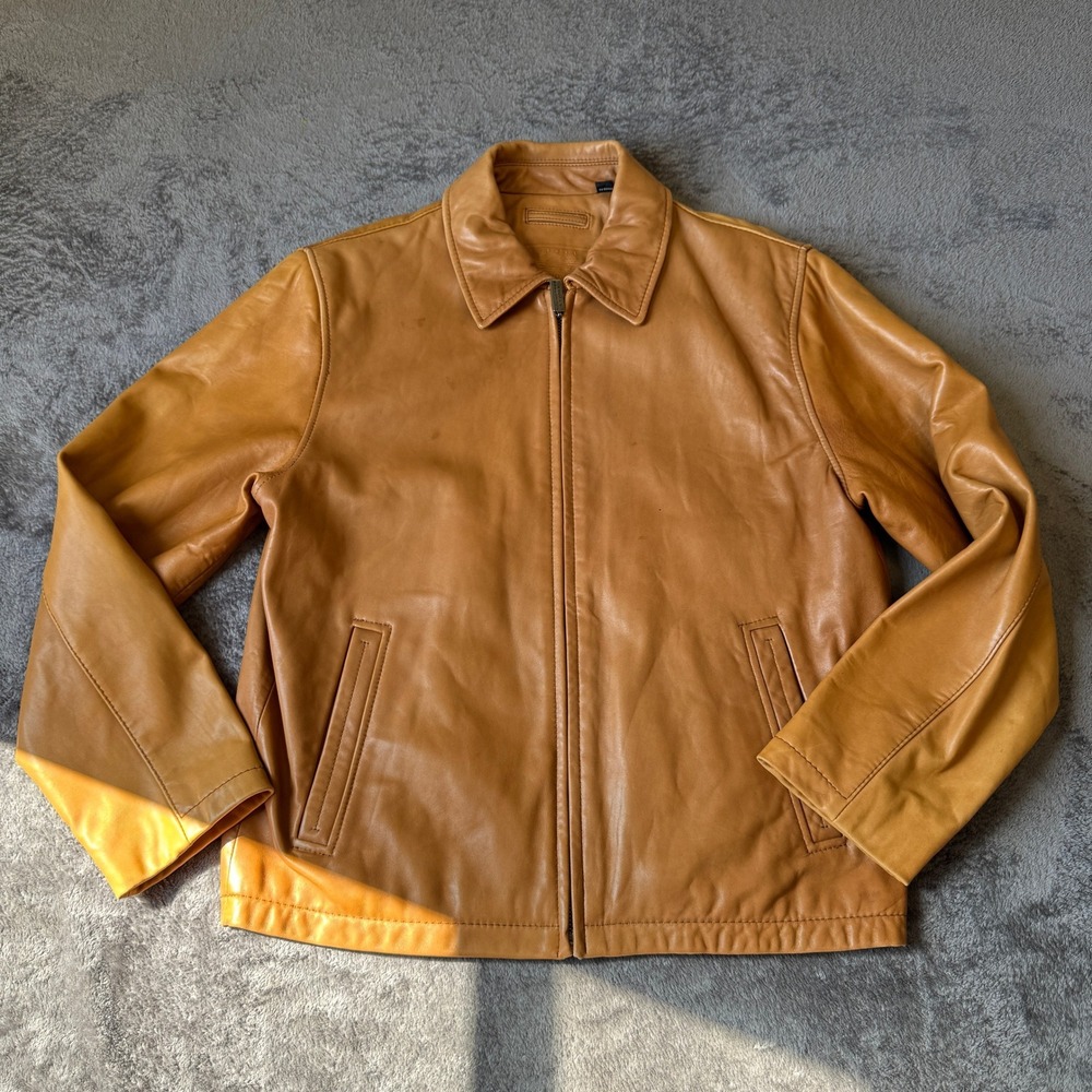 Roundtree & Yorke Mens Tan Genuine Lambskin Leather Bomber Jacket Size M